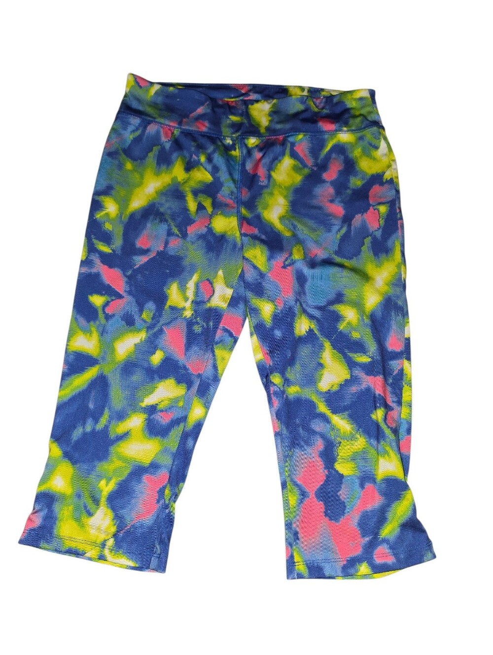 7/5/14. Womens City Streets Neon Tie-Dye Capri Leggings - Blue, Yellow, Pink